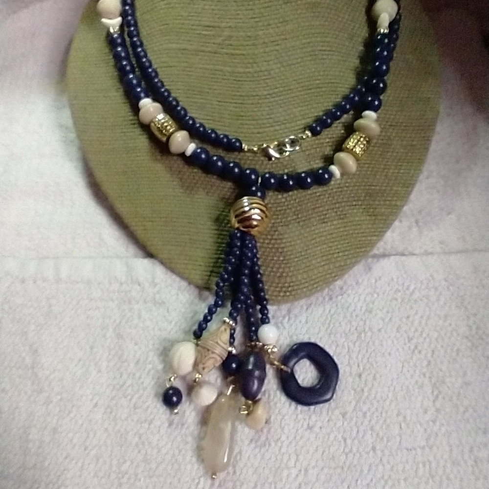 Goldtone blue white beaded long necklace